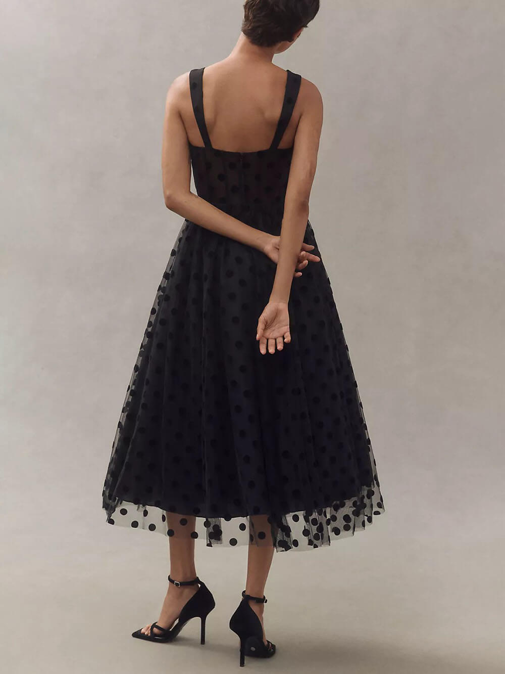 Exquise Robe Midi bustier sans bretelles en tulle à pois et coupe trapèze