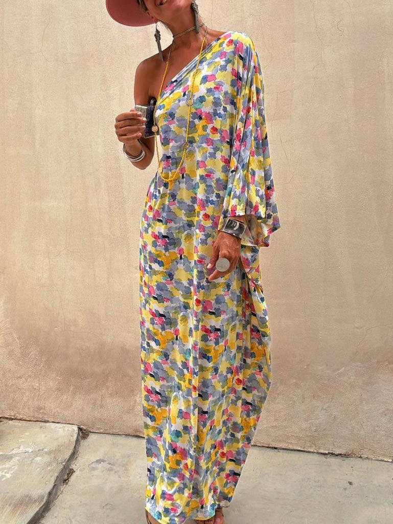 Robe longue décontractée à imprimé tie-dye et épaules dénudées