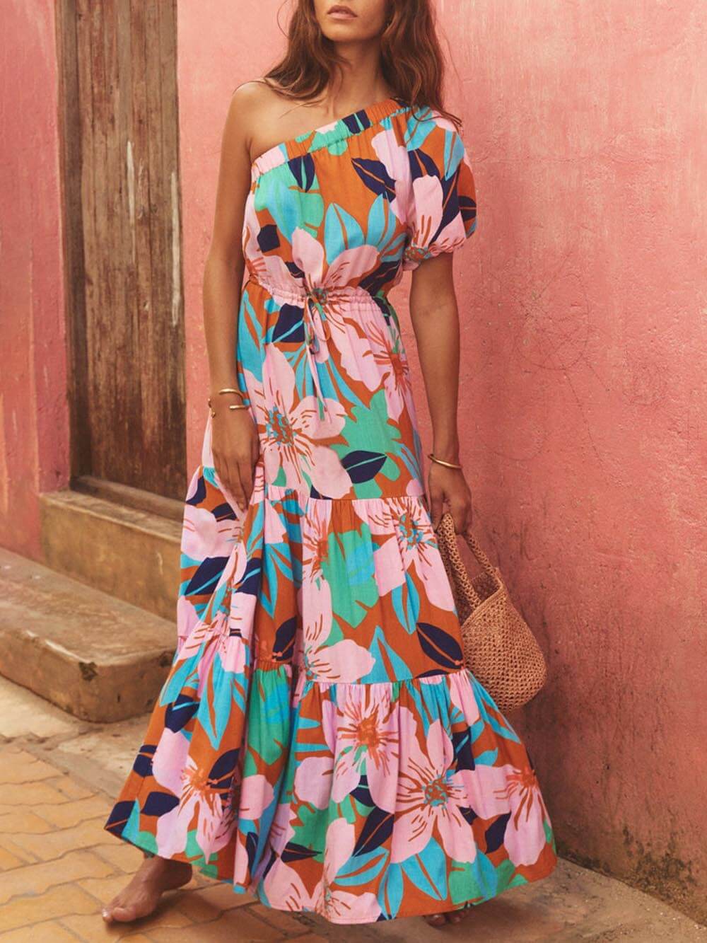 Robe florale style vacances à imprimé feuilles de palmier à épaules dénudées