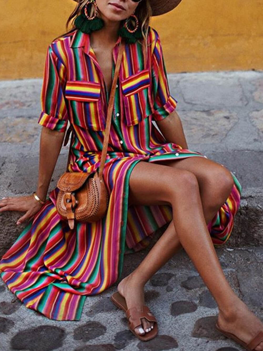 Ensemble décontracté jupe longue et chemise rayée imprimée