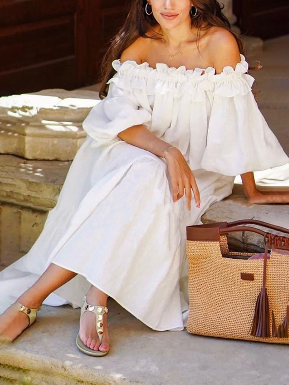 Robe midi à volants, épaules dénudées, manches bouffantes et poches