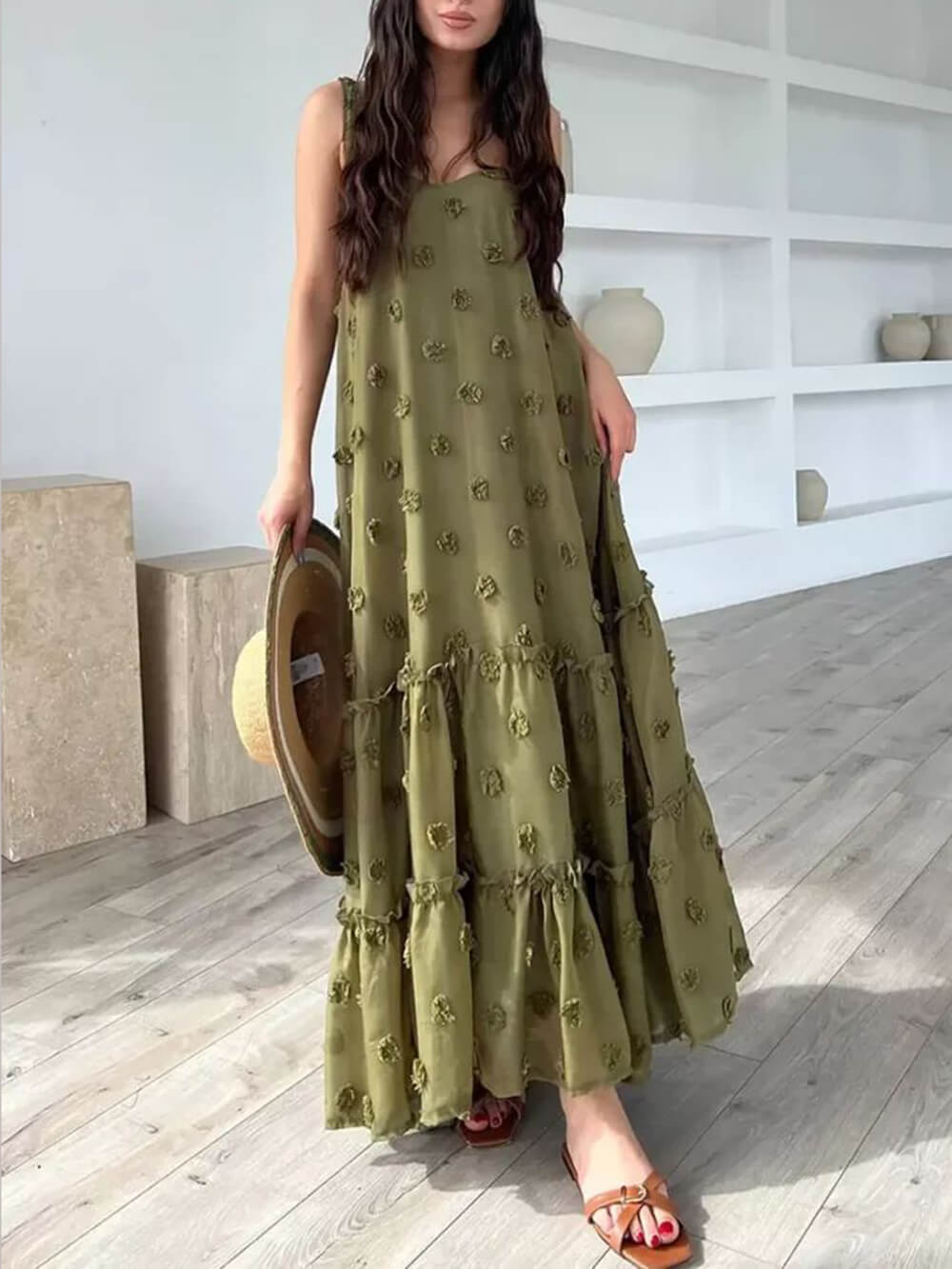 Robe longue ample évasée superposée à imprimé floral