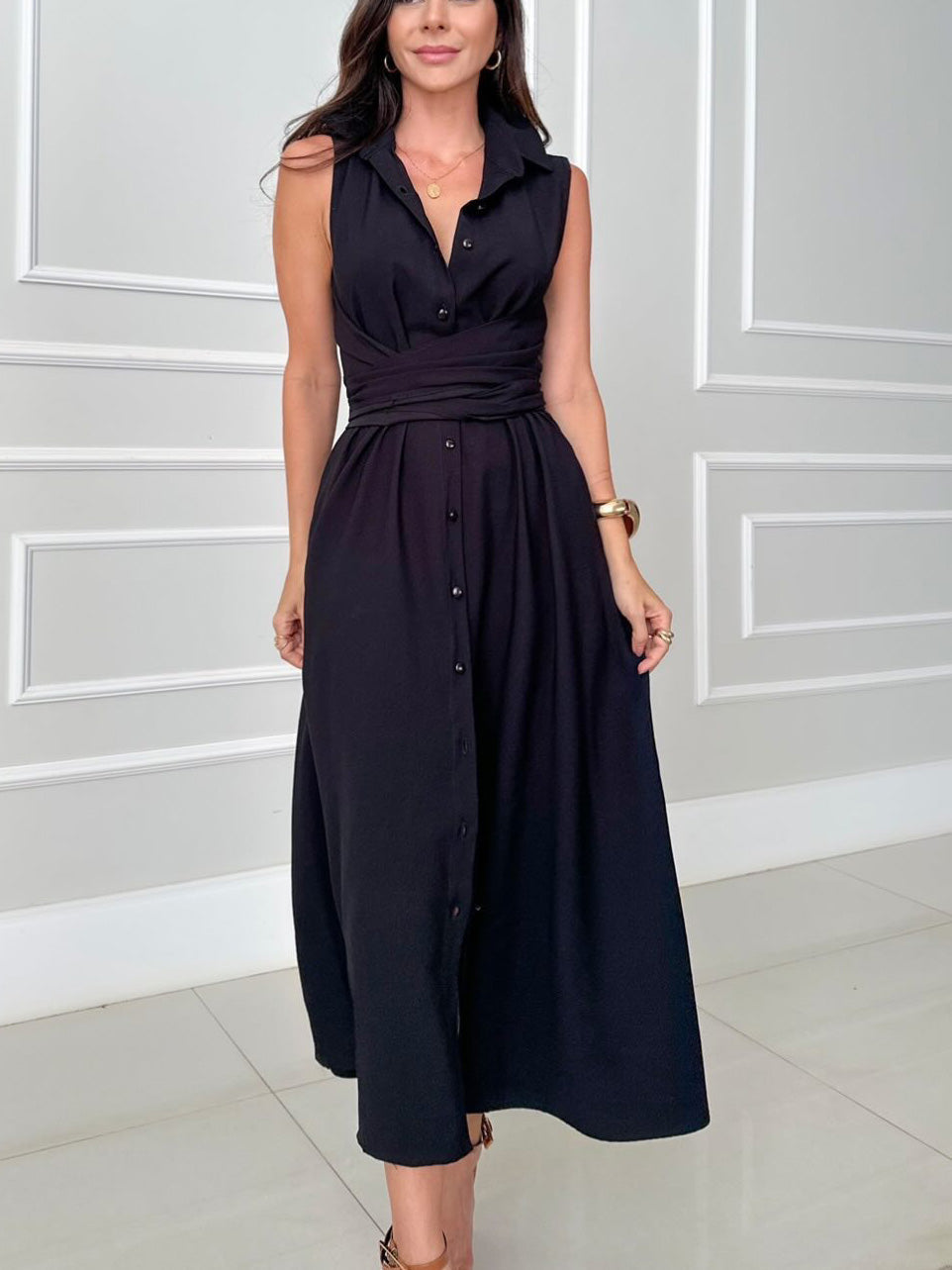 Robe midi chemise unique à simple boutonnage et à nouer