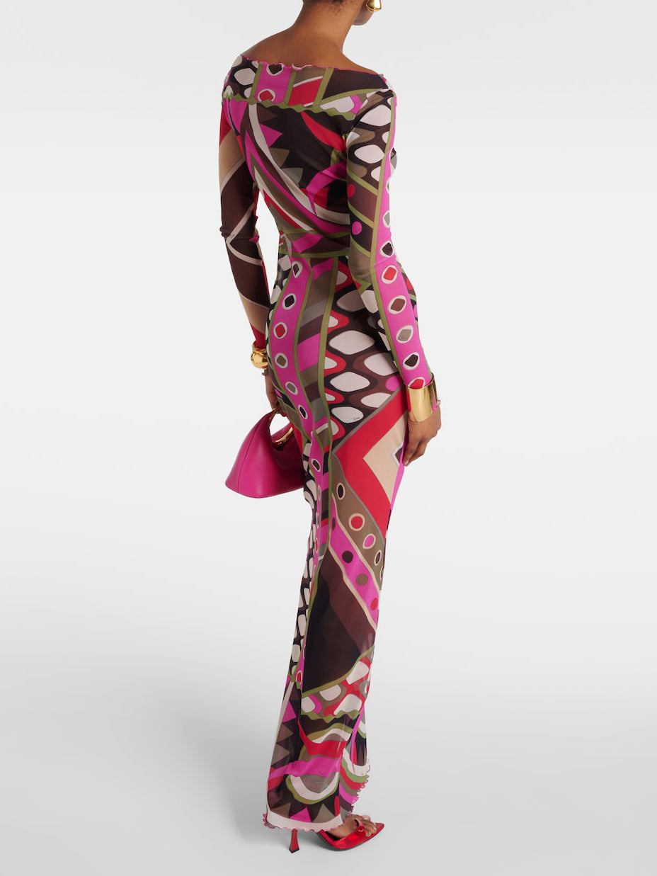 Robe longue rétro moulante à imprimé abstrait