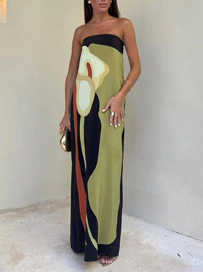 Robe longue imprimée sans manches contrastée avec épaules dénudées