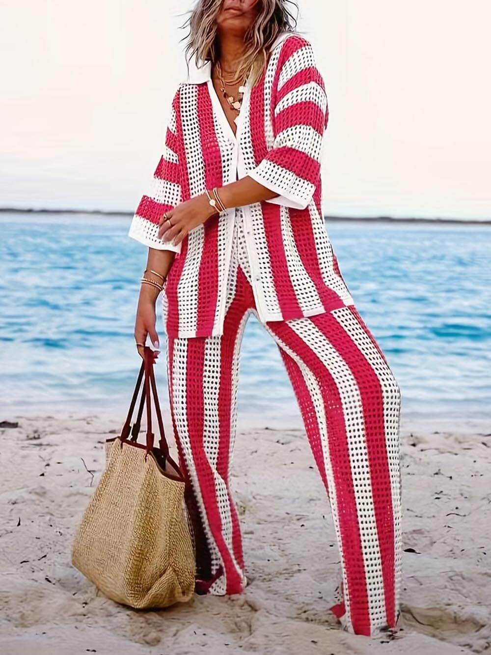 Ensemble chemise rayée ample col en V évidé et pantalon large