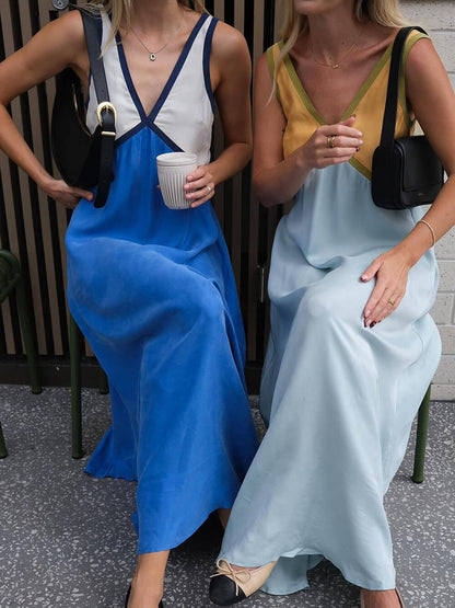 Robe Chic Col V à Couture Couleur Contrastante