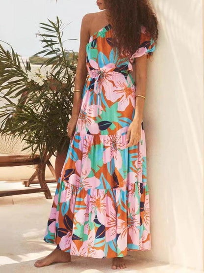 Robe florale style vacances à imprimé feuilles de palmier à épaules dénudées