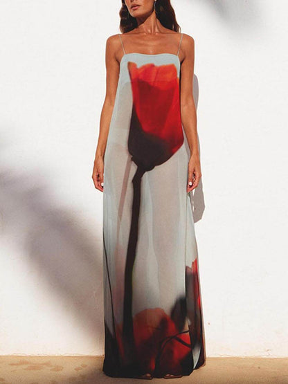 Robe longue trapèze à imprimé tulipes abstraites