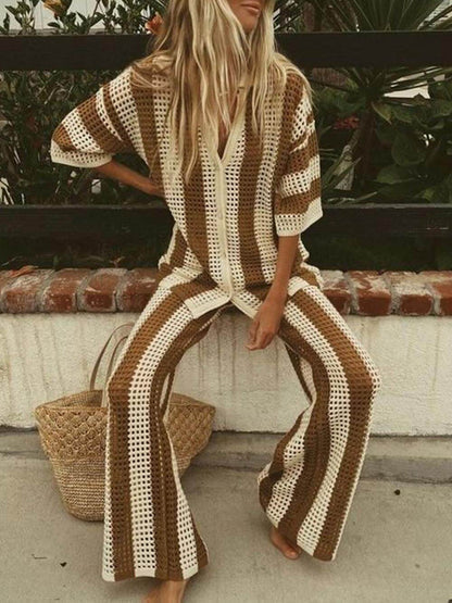 Ensemble chemise rayée ample col en V évidé et pantalon large