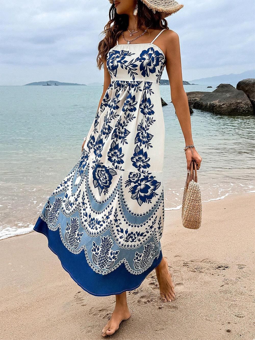 Robe midi ample smockée au dos à imprimé floral ethnique