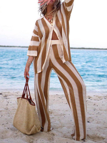 Ensemble chemise rayée ample col en V évidé et pantalon large