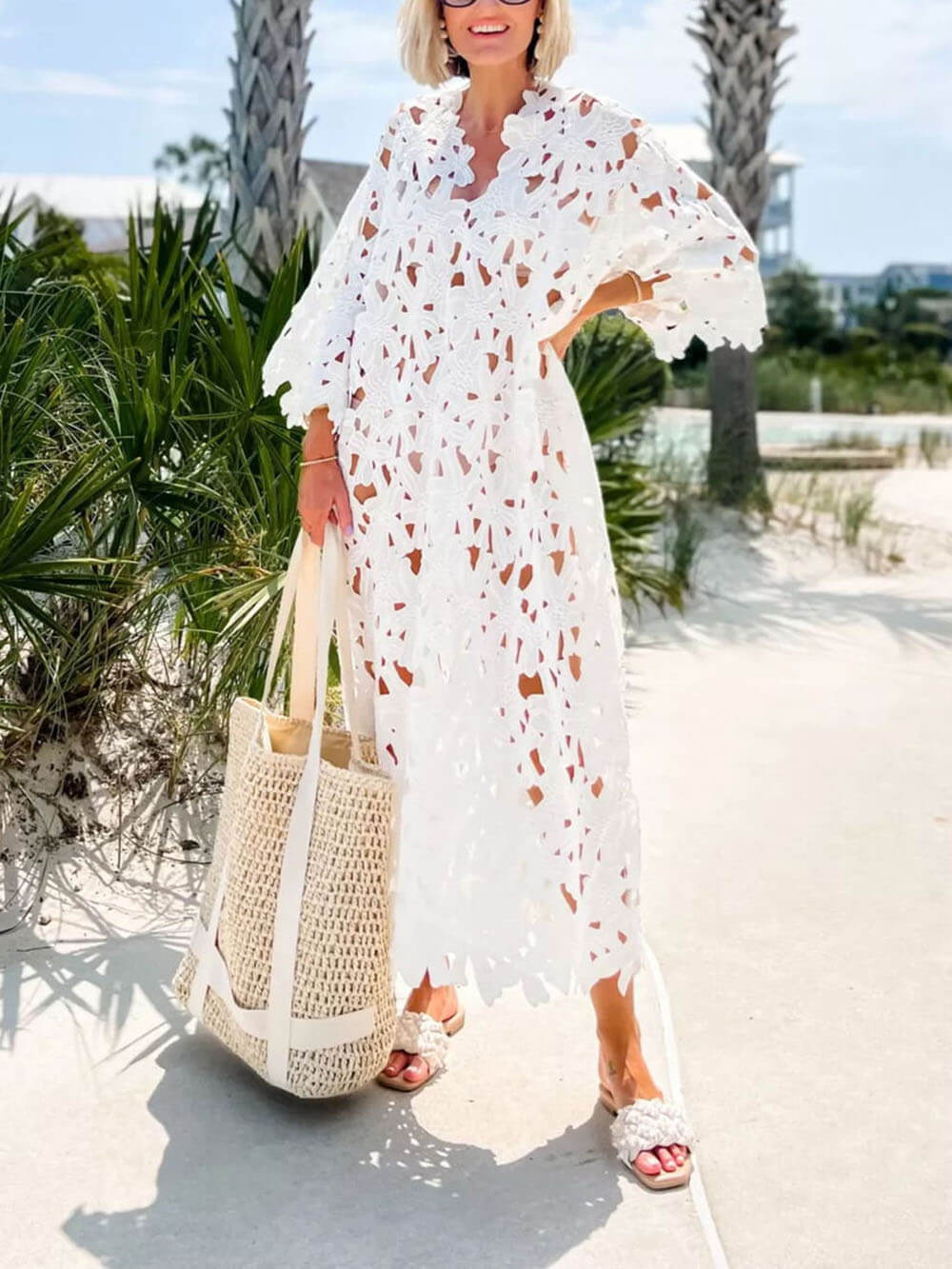 Robe mi-longue de plage en dentelle à enfiler