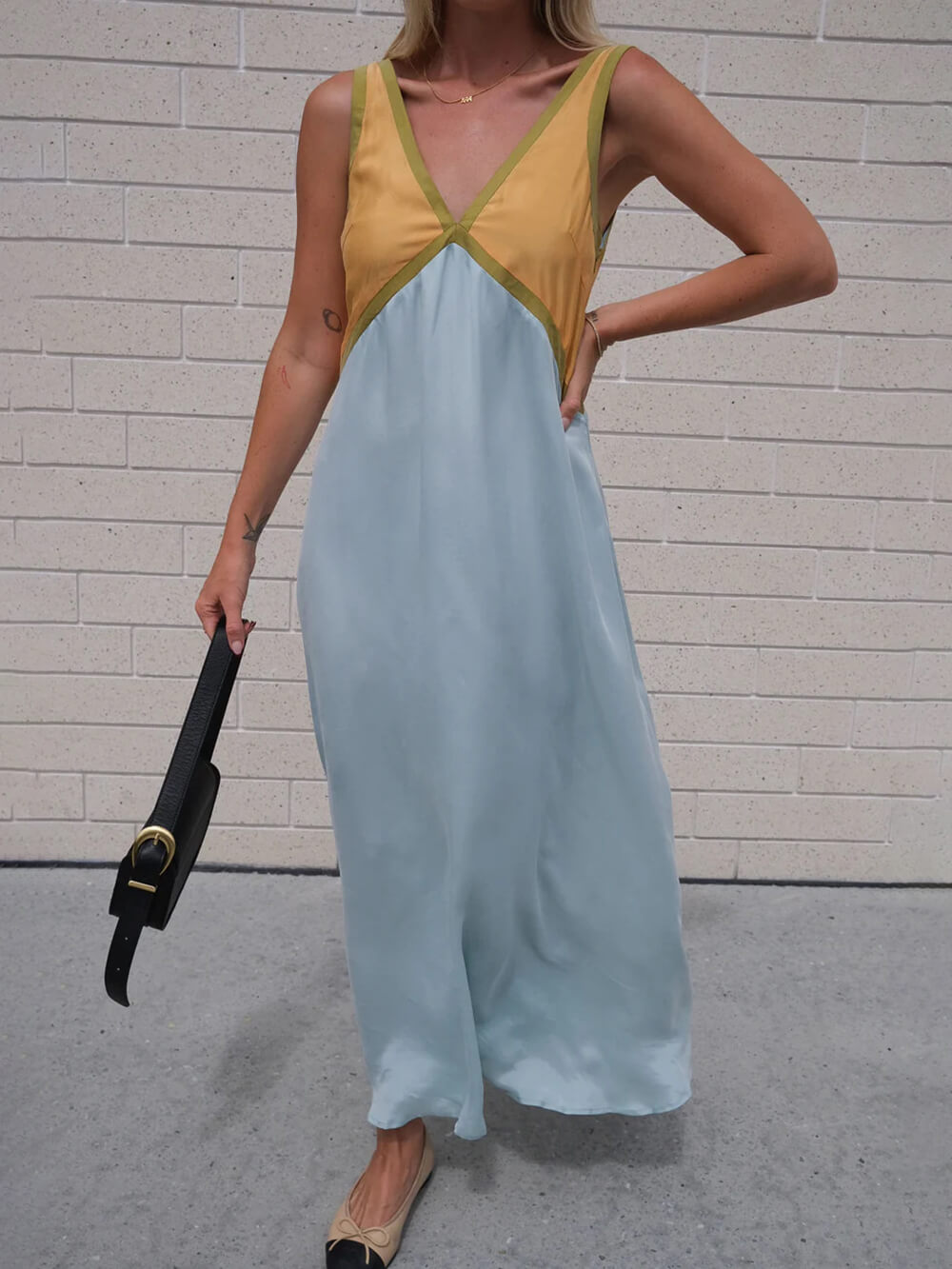 Robe Chic Col V à Couture Couleur Contrastante