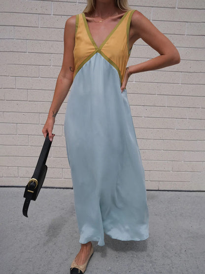 Robe Chic Col V à Couture Couleur Contrastante