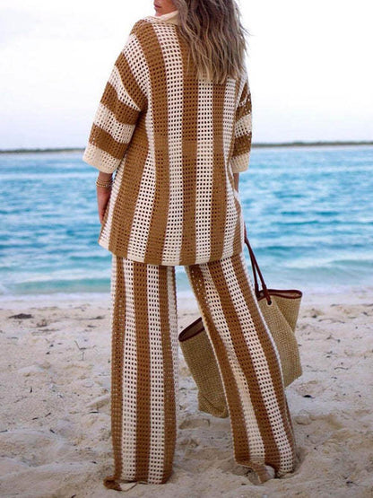 Ensemble chemise rayée ample col en V évidé et pantalon large