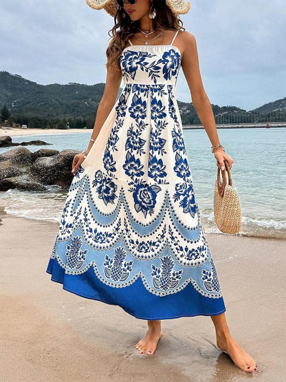 Robe midi ample smockée au dos à imprimé floral ethnique