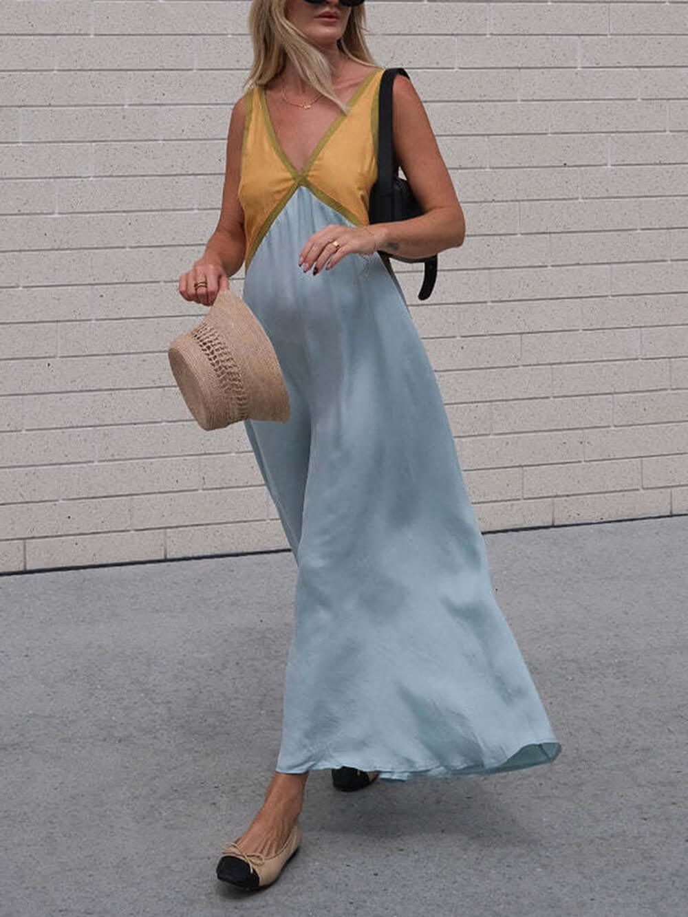 Robe Chic Col V à Couture Couleur Contrastante