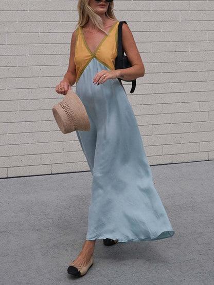 Robe Chic Col V à Couture Couleur Contrastante