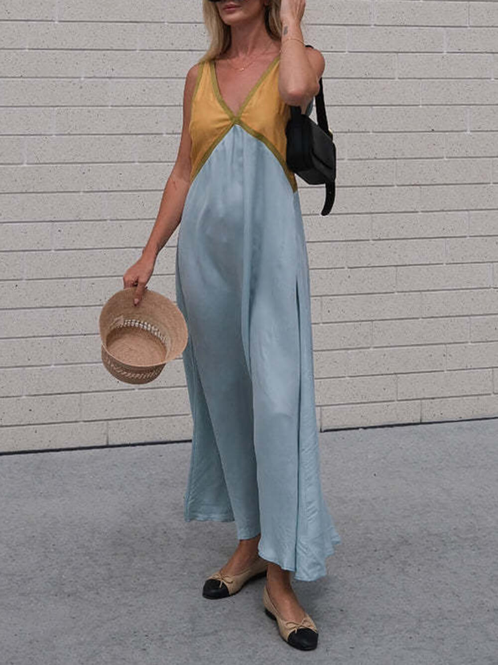 Robe Chic Col V à Couture Couleur Contrastante