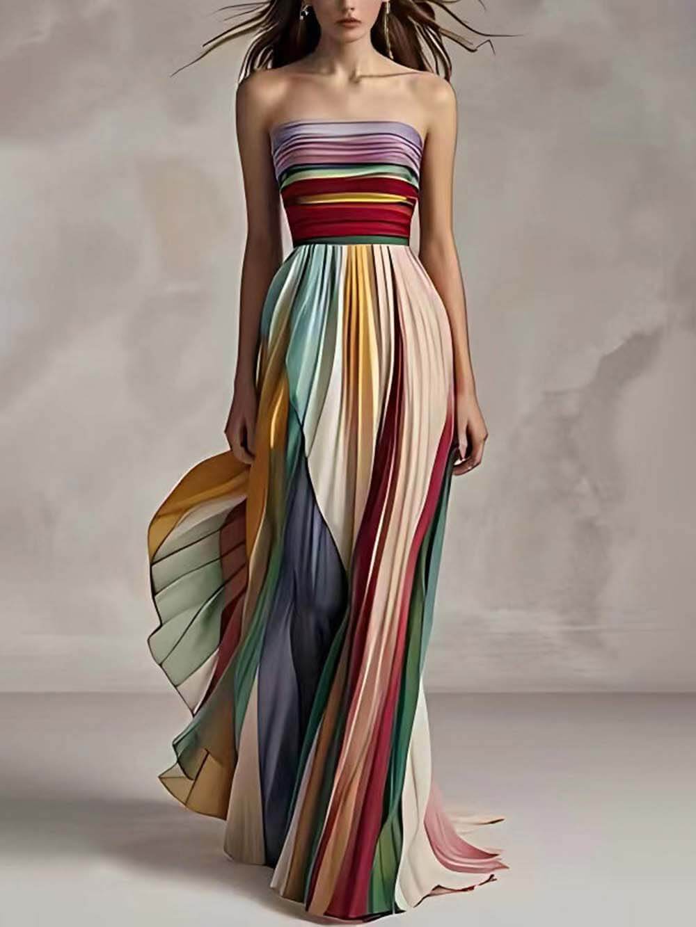 Robe longue bandeau plissée à épaules dénudées élégante à imprimé rayé