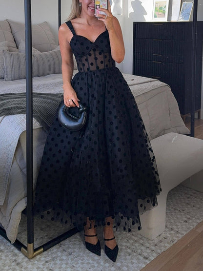 Exquise Robe Midi bustier sans bretelles en tulle à pois et coupe trapèze