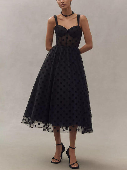 Exquise Robe Midi bustier sans bretelles en tulle à pois et coupe trapèze