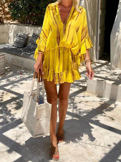 Mini-robe kaftan ample à manches chauve-souris, ourlet volanté, taille élastique et imprimé tie-dye unique