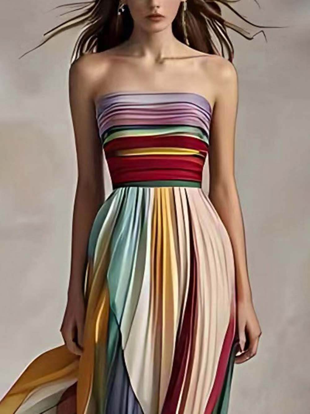 Robe longue bandeau plissée à épaules dénudées élégante à imprimé rayé