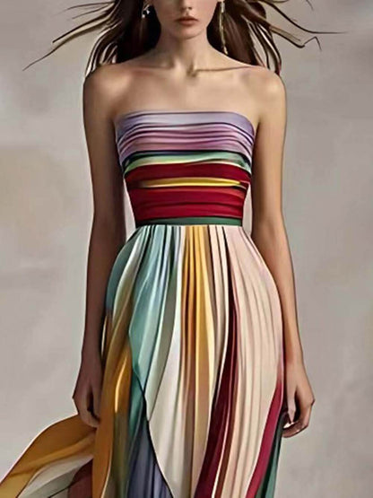 Robe longue bandeau plissée à épaules dénudées élégante à imprimé rayé