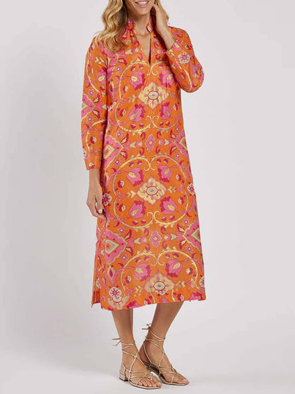 Robe Midi Imprimée Col Montant