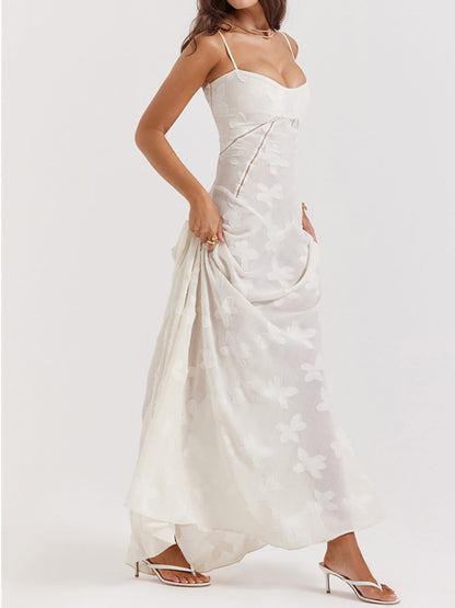 Robe longue vintage dos dentelle fleurie crème