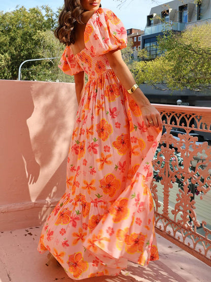 Robe longue à manches bouffantes, imprimé floral, dos smocké et poches