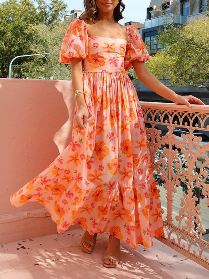 Robe longue à manches bouffantes, imprimé floral, dos smocké et poches