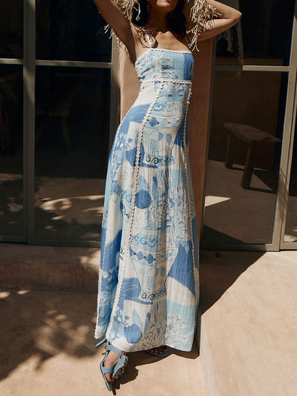 Robes longues évasées à licou et dos nu, avec bretelles licou et imprimé patchwork en dentelle