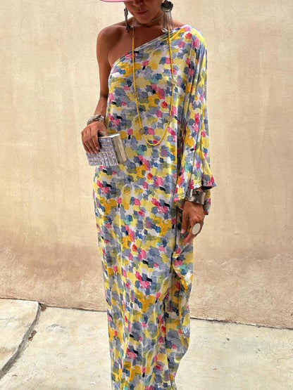 Robe longue décontractée à imprimé tie-dye et épaules dénudées