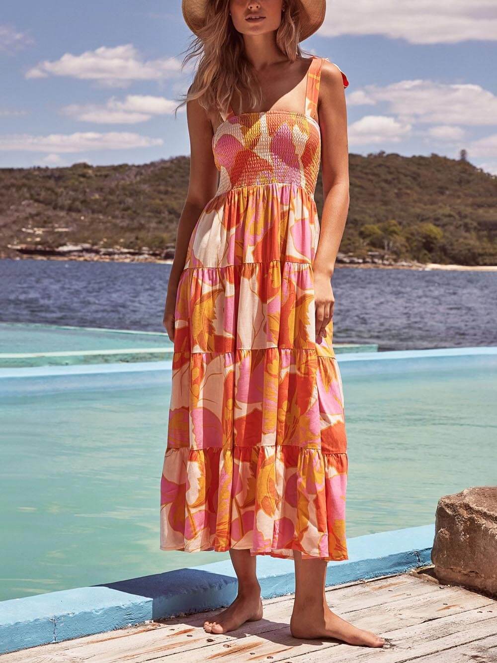 Robe caraco plissée sans manches à imprimé poitrine « Charme Marin » en tissu stretch