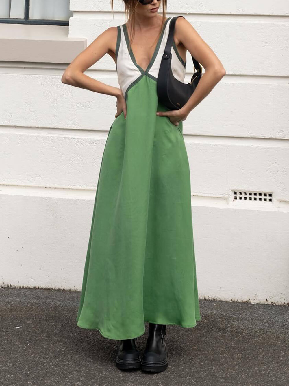 Robe Chic Col V à Couture Couleur Contrastante