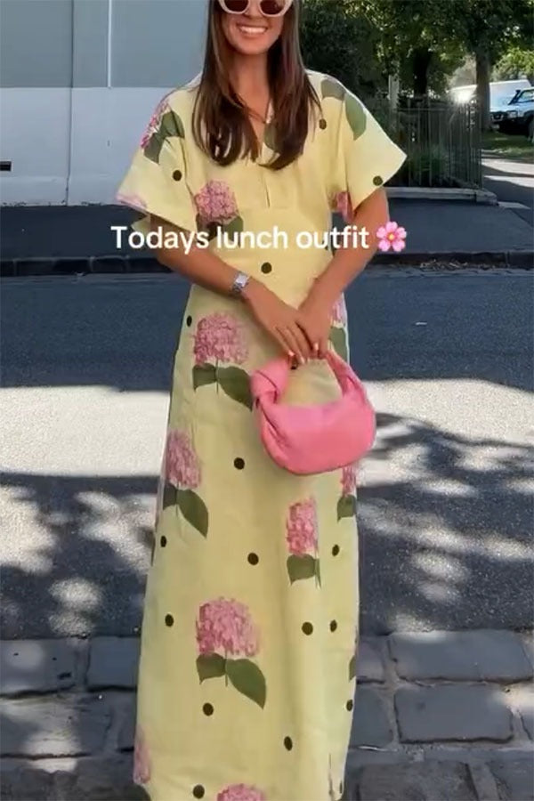 Robe longue chemise manches larges à imprimé pois et fleurs en lin mélangé Jasmine