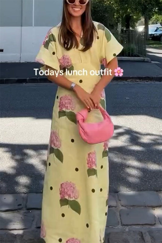Robe longue chemise manches larges à imprimé pois et fleurs en lin mélangé Jasmine