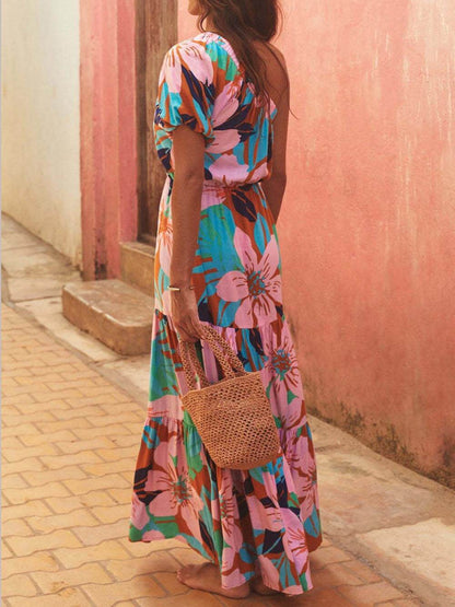Robe florale style vacances à imprimé feuilles de palmier à épaules dénudées