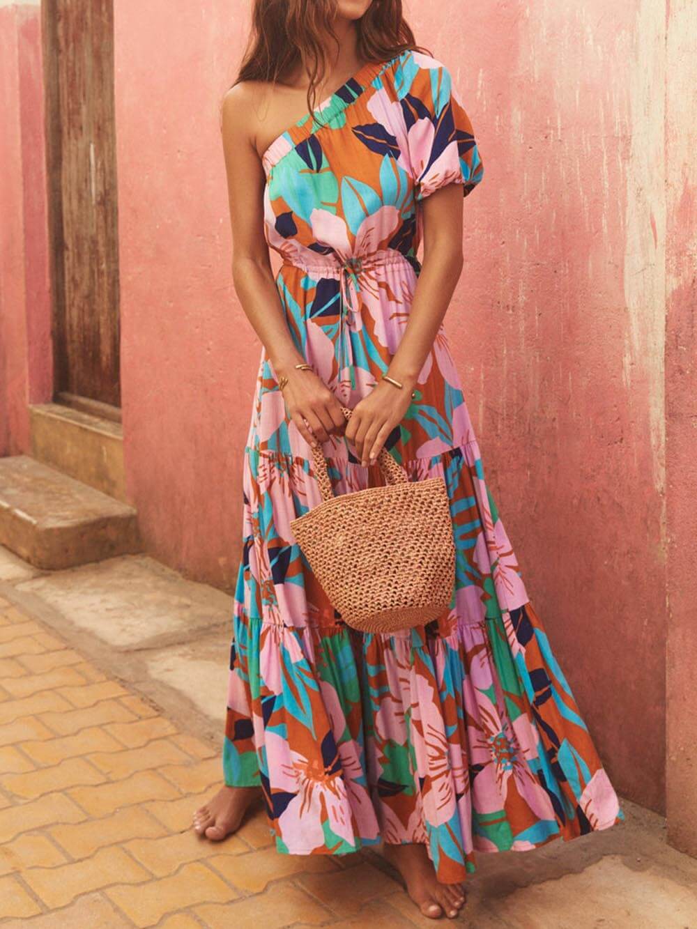 Robe florale style vacances à imprimé feuilles de palmier à épaules dénudées