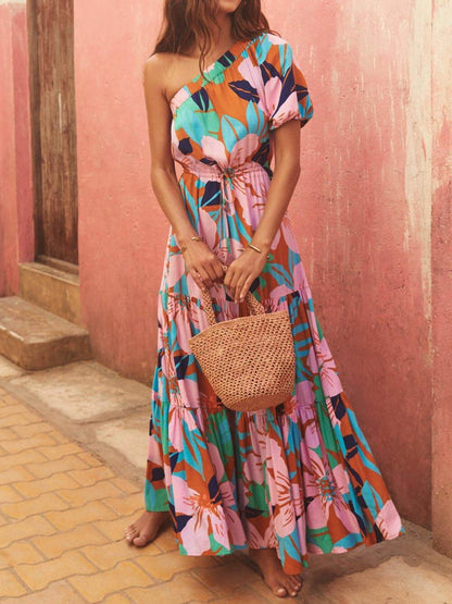 Robe florale style vacances à imprimé feuilles de palmier à épaules dénudées