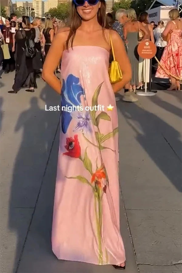 Robe longue de soirée à épaules dénudées avec paillettes et imprimé floral, coupe trapèze