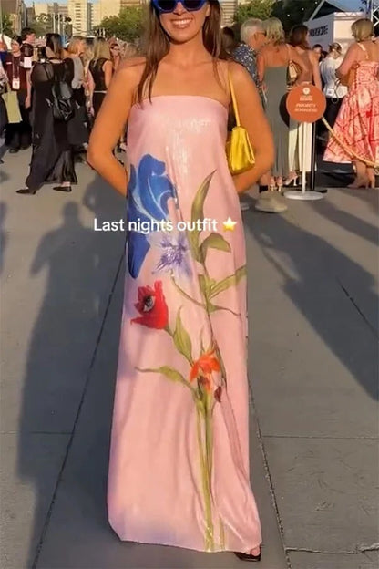 Robe longue de soirée à épaules dénudées avec paillettes et imprimé floral, coupe trapèze