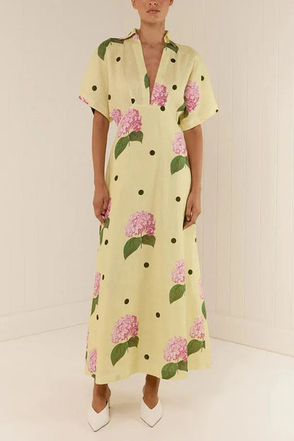 Robe longue chemise manches larges à imprimé pois et fleurs en lin mélangé Jasmine