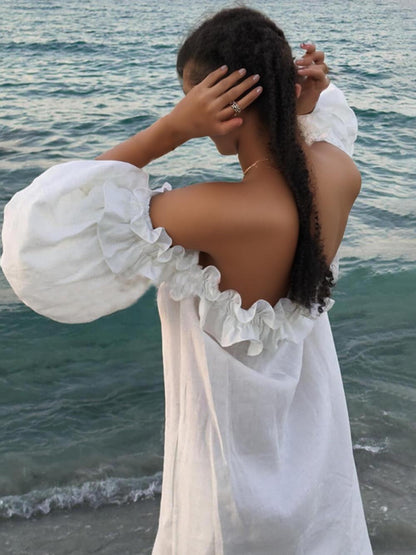 Robe midi à volants, épaules dénudées, manches bouffantes et poches