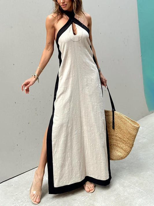 Robe longue fendue à blocs de couleur et col licou