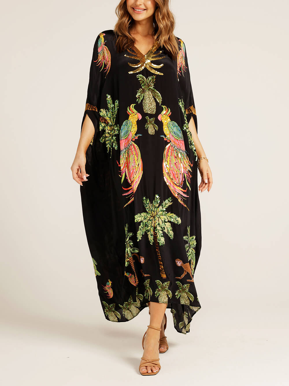 Robe Unique à Imprimé Arbre de Noix de Coco et Manches Tombantes