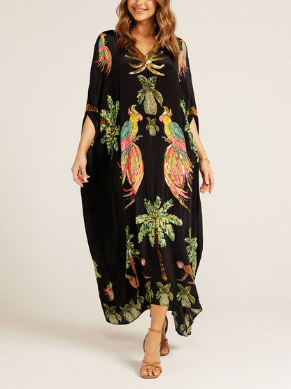 Robe Unique à Imprimé Arbre de Noix de Coco et Manches Tombantes